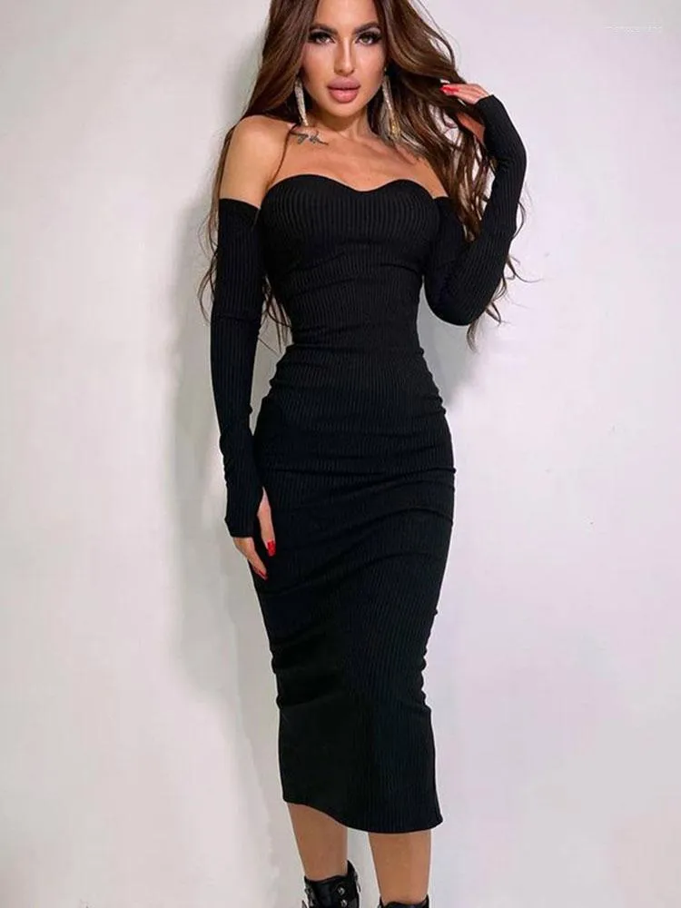 Casual Kleider Elegante Off Schulter Mode Frauen Midi Herbst Sexy Volle Hülse Slash Neck Bodycon Kleid Club Party Kleid Damen kleidung