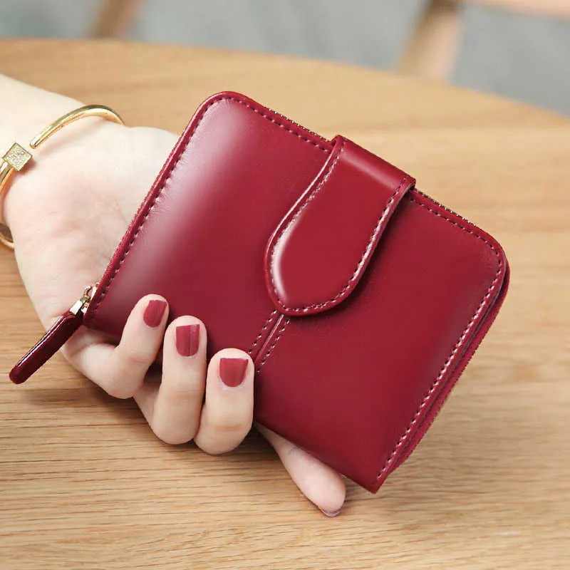 Wallet Oil Wax Women Genuine Leather Small Short Card Holder Ladies Coin Purse s Red RFID Carteiras Money Bag 240115