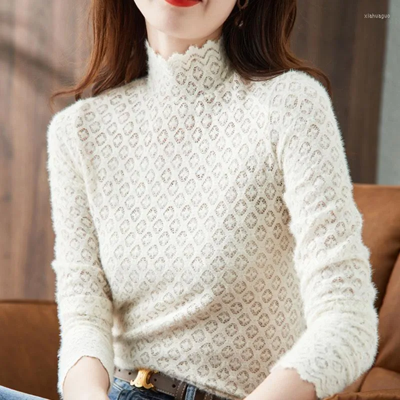 Kvinnors blusar st￥r krage koreansk l￥ng￤rmad smal passande spetsbotten blusa feminina kl￤der bl￥ svart beige damer toppar solida
