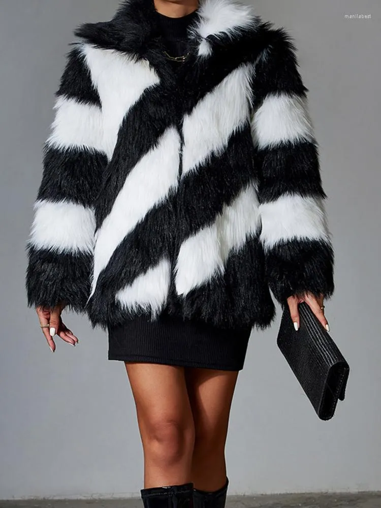 Women's Fur FMFSSOM Winter Women Faux Coat Fashion Casual Female Long Sleeve Black White Stripe Turn Down Collar Warm Coats