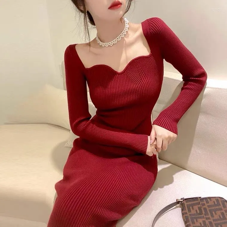 Casual Dresses Knitted Dress Women's Autumn And Winter Style Temperament Mid-length Over-the-knee Slim Sweater Bottoming Skirt Red