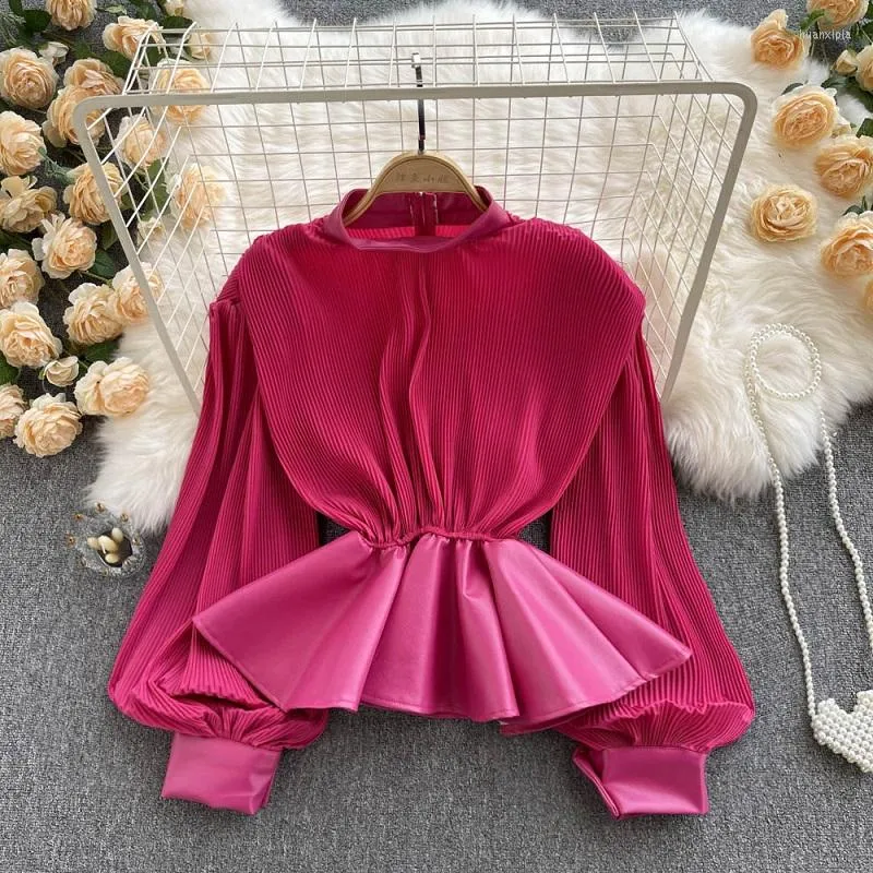 Kvinnors blusar faller 2022 Fashion French Chic Blouse Kvinnlig temperament Stand-up Collar Midjan All-Match l￤der bulus kort skjorta KK1782