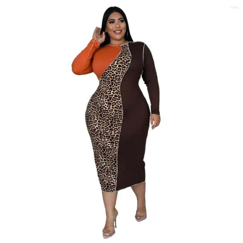 Casual Dresses Cutubly Leopard Print Kvinna O-hals Sexig kl￤nning Bodycon Long Women Patchwork 2022 Full ￤rm Vestido Classic Party Club