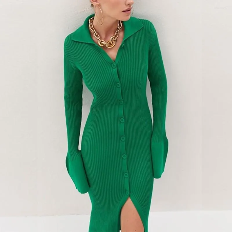 Sukienki swobodne Y2K BodyCon Knitte Sweter Suknie Kobiety Single Beded Lantern Sleeve Zrzuć kołnierz Mid Split Elegancki szczupły Maxi