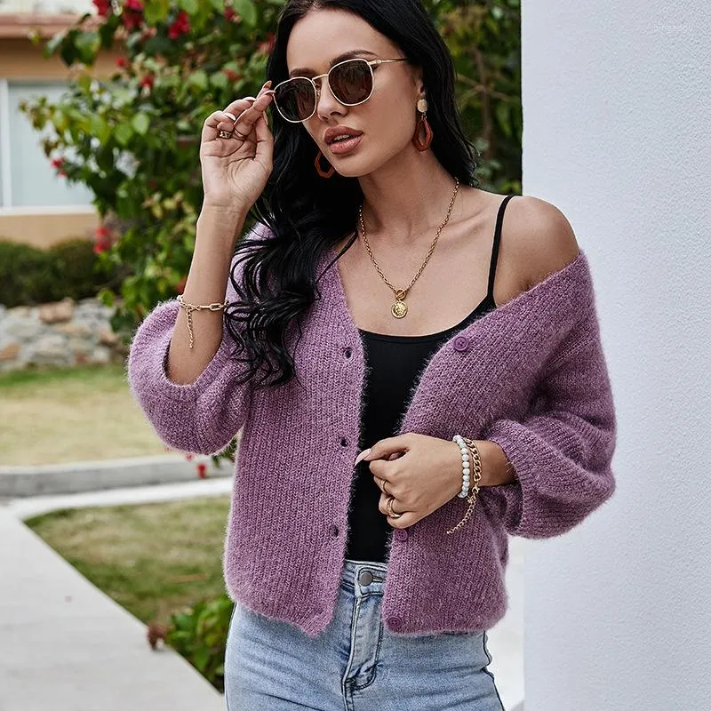 Women's Knits V-neck Solid Loose Knit Cardigan Lantern Three-quarter Sleeve Women's Short Knitted Sweater Cropped