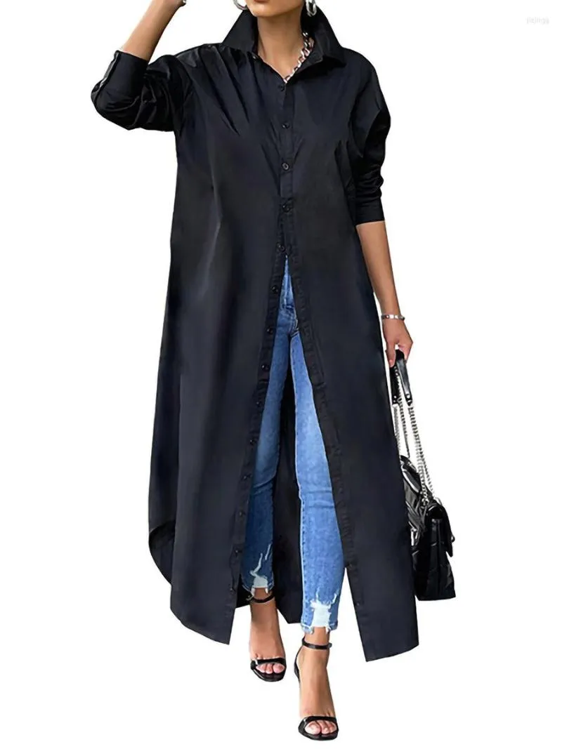 Lässige Kleider, Damen-Hemdkleid mit Knopfleiste, einfarbig, langärmelig, Kimono-Strickjacken, Kaftan-Oberteile