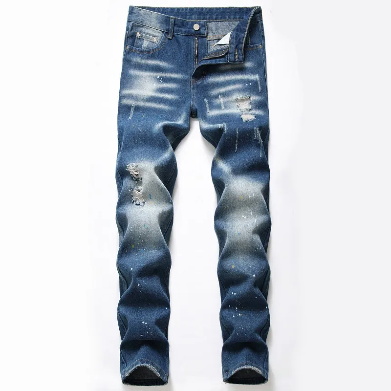 Casual Slim Fit Ripped Hole Jeans Bleu Foncé Mode Hommes Splash Ink Pantalon Printemps Été Denim Streetwear Taille 29-42 Pantalones