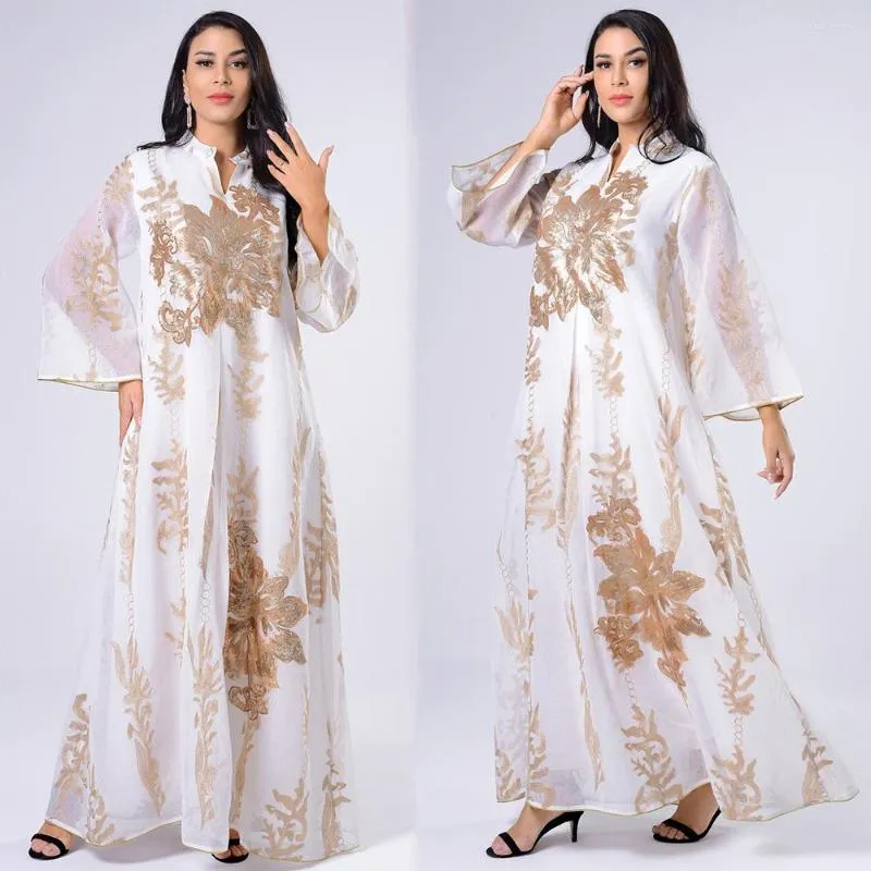 Etnisk kl￤dkl￤nning Vit Abaya Dubai Turkiet Muslim Hijab Dress Women Caftan Robe 2022 Islamiska broderi Mesh Abayas Djellaba Femme