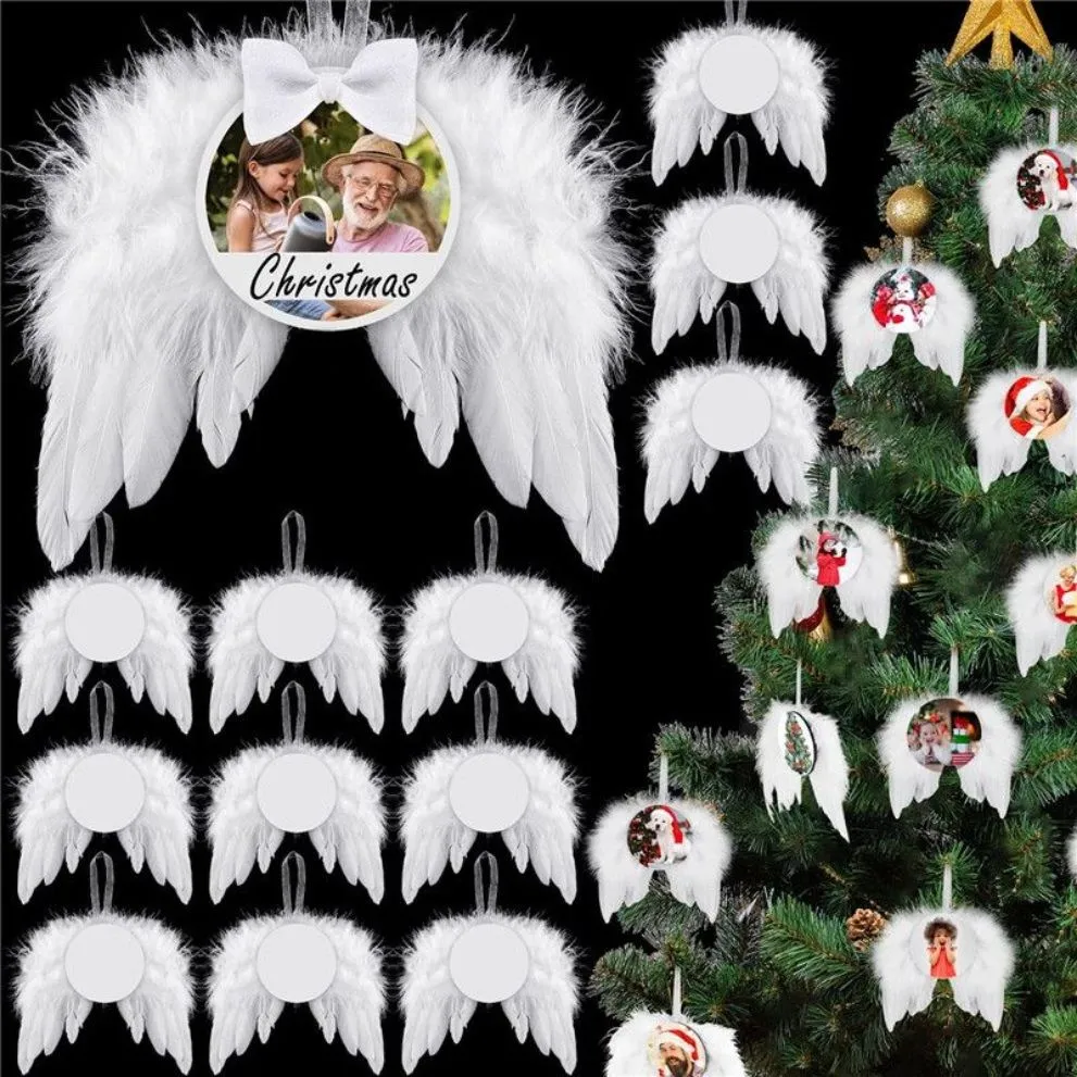 UPS熱伝達天使の翼飾りクリスマス装飾羽羽毛ペンダントラウンドアルミニウムシートDIYクリスマスツリーハンギングタグ