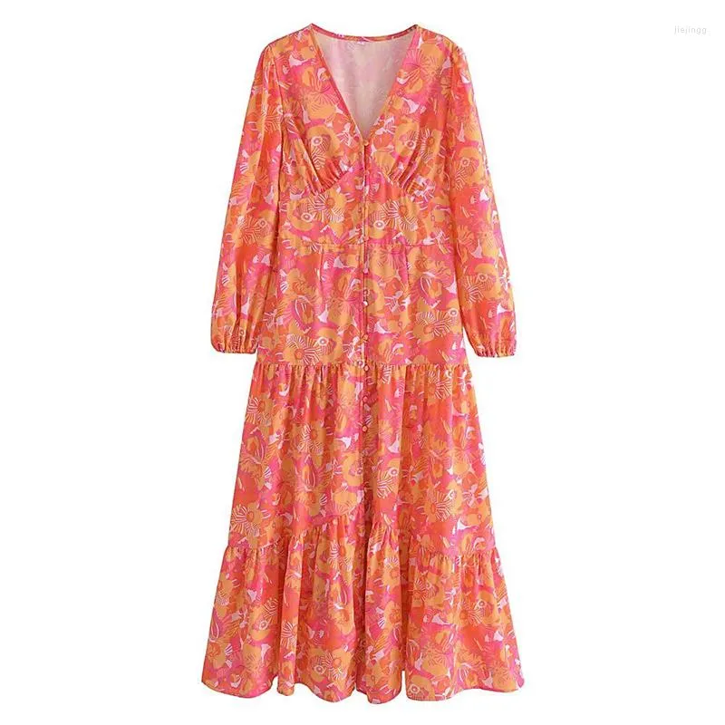 Casual jurken lente 2022 vrouwen voorste knop bloemen print lange jurk vrouwelijke v nek hoge taille a-line dames maxi vestido