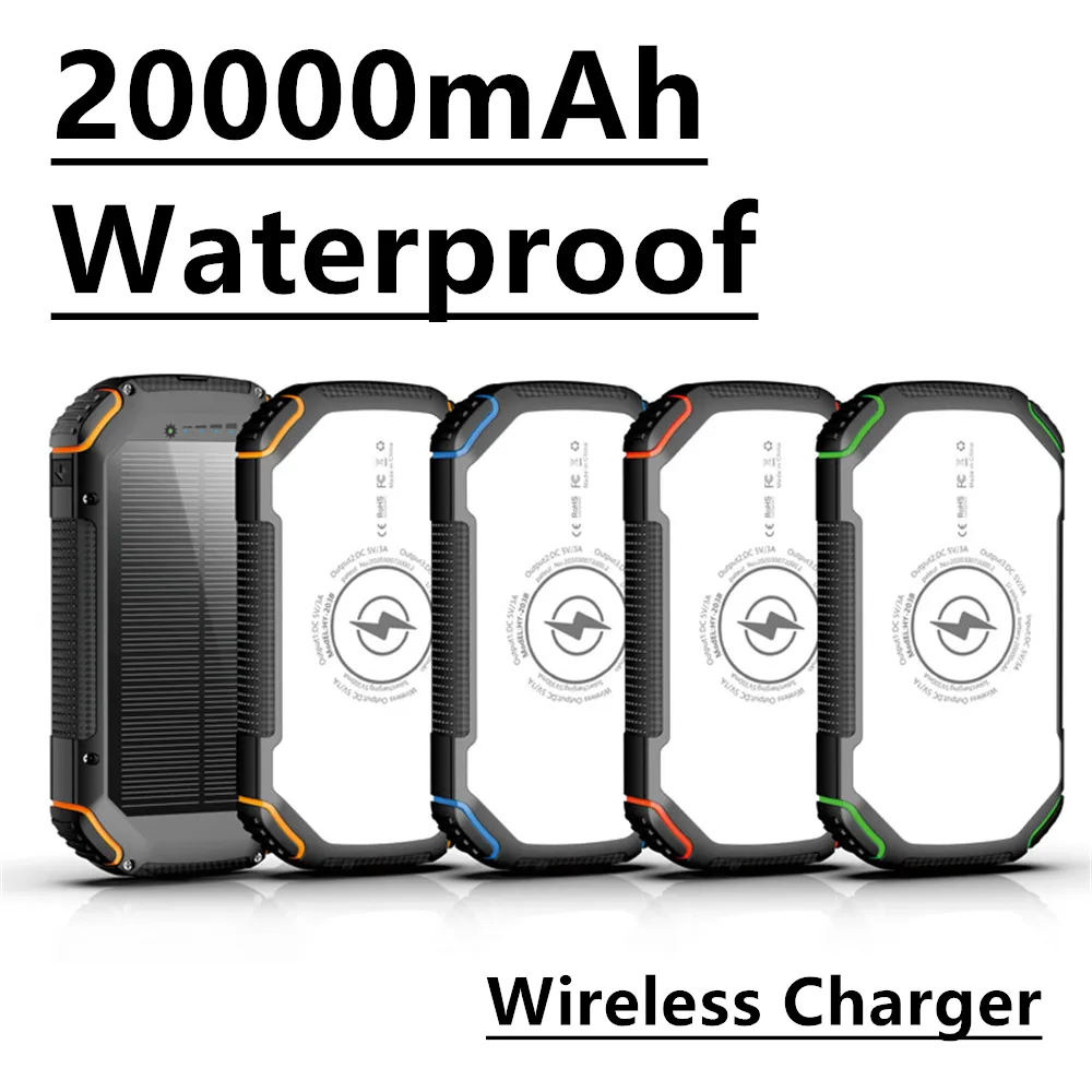 Solar Power Bank 20000MAHワイヤレスポータブル充電Poverbank外部バッテリー充電器Xiaomi iPhone用の強いライトLDEライト