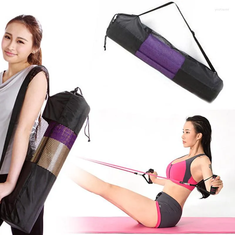 Borse portaoggetti Nylon Carrier Mesh Borsa per tappetino da yoga Cinturino regolabile Strumento sportivo Convenienza Zaino nero Impermeabile