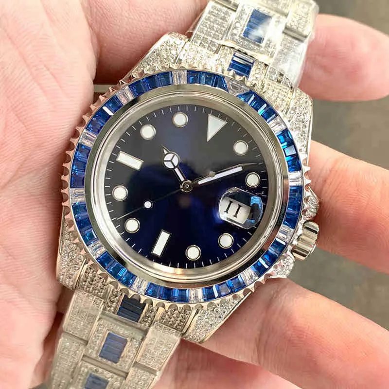 Big Zircon Diamonds Watch Blue Square Stones Bisel 904l Acero inoxidable Eta 2836 Movimiento Mecánico Top Calidad Hombres Lujo Completo Iced Out Cz