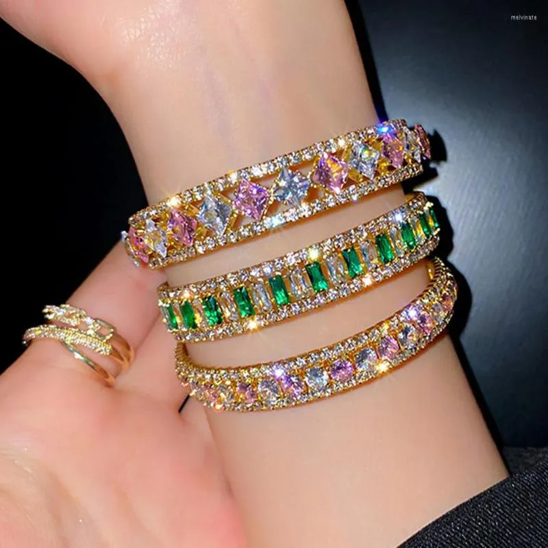 Bangle Fashion Gold Color Full CZ Cubic Zirconia Bracelet For Women Bohemia Geometric Cuff Bracelets Party Wedding Jewelry Gifts