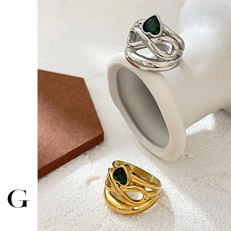Cluster Rings Ghidbk Hyperbloe Gold/Silver Color Stainless Steel Wide Hollow Infinity Green Faceted Zircon Gem Heart Chunky