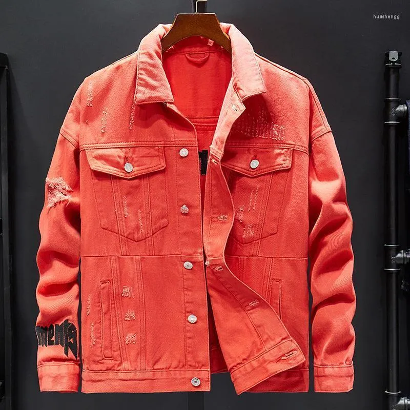 Herrjackor M￤n 2022 Spring och Autumn Loose Denim Jacket Fashion Holes Student Handsome Red Top