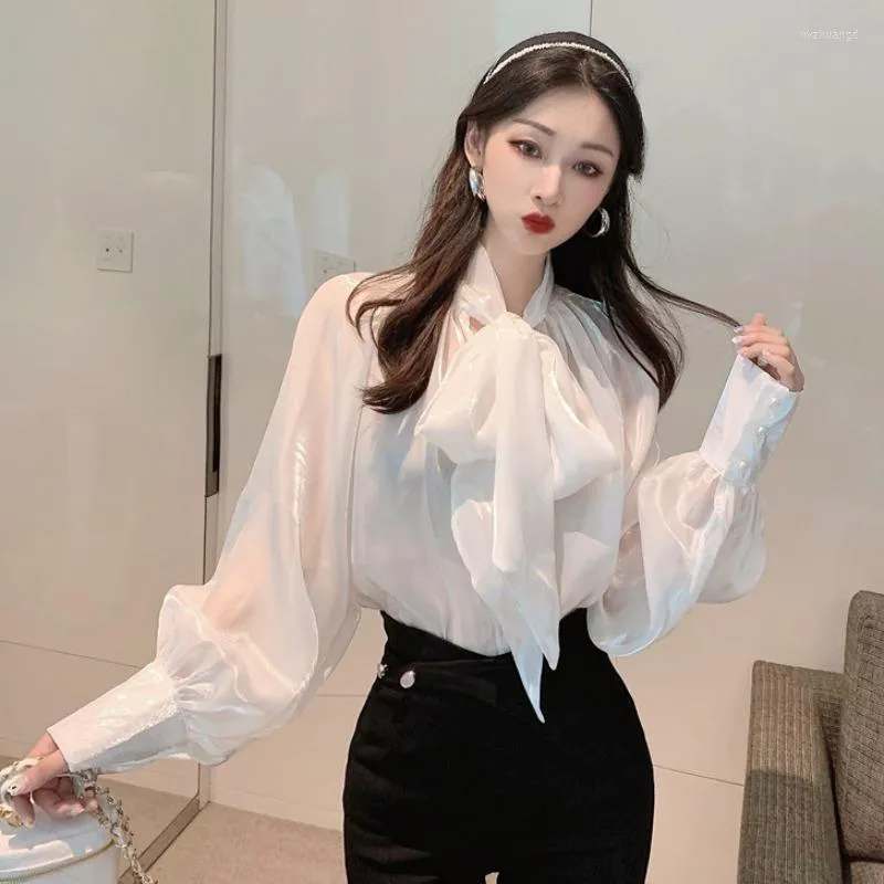 Women's Blouses Women Shirts Loose Bow White Early Autumn Ladies Tops Grey Long Sleeve Elegant Female Clothing Korean Fashion