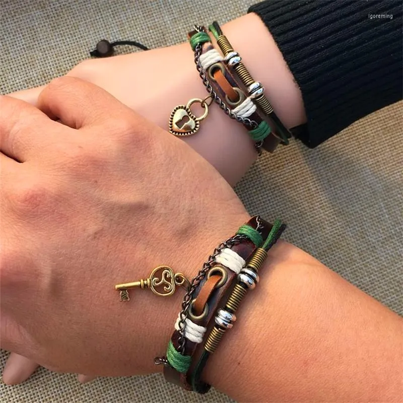 Charm Bracelets Hand-woven Leather Couple Bracelet 1 Pair Men Women Students Retro Lovers Jewelry Key Lock Metal Accessories