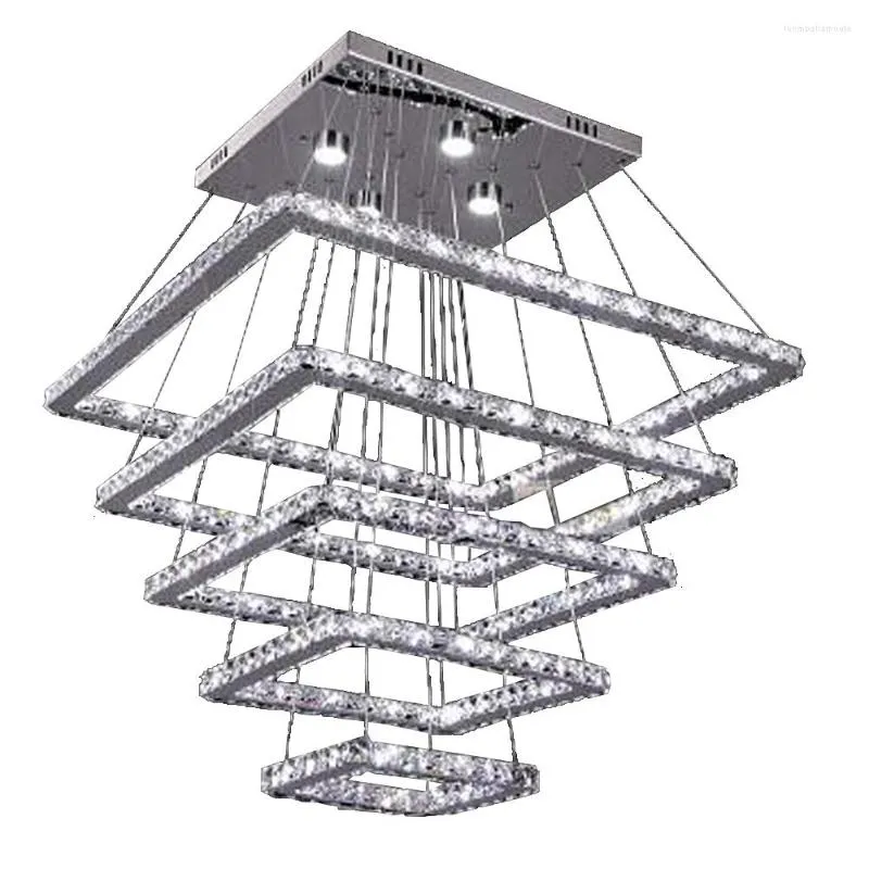 Kronleuchter, quadratisches Design, großer LED-Kristall, 5 Ringe, Lüster, Hängelampe, Esszimmer, Wohndekoration