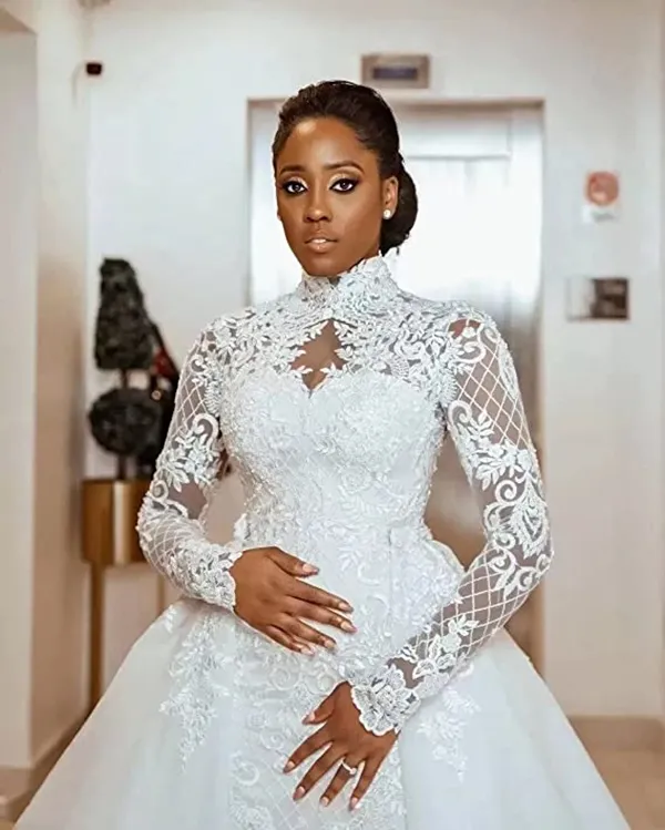 Vintage High Neck mermaid overskirt wedding dress with Long Sleeves, Lace Appliques, Detachable Train - Arabic Dubai Bridal Gown for 2023 Brides