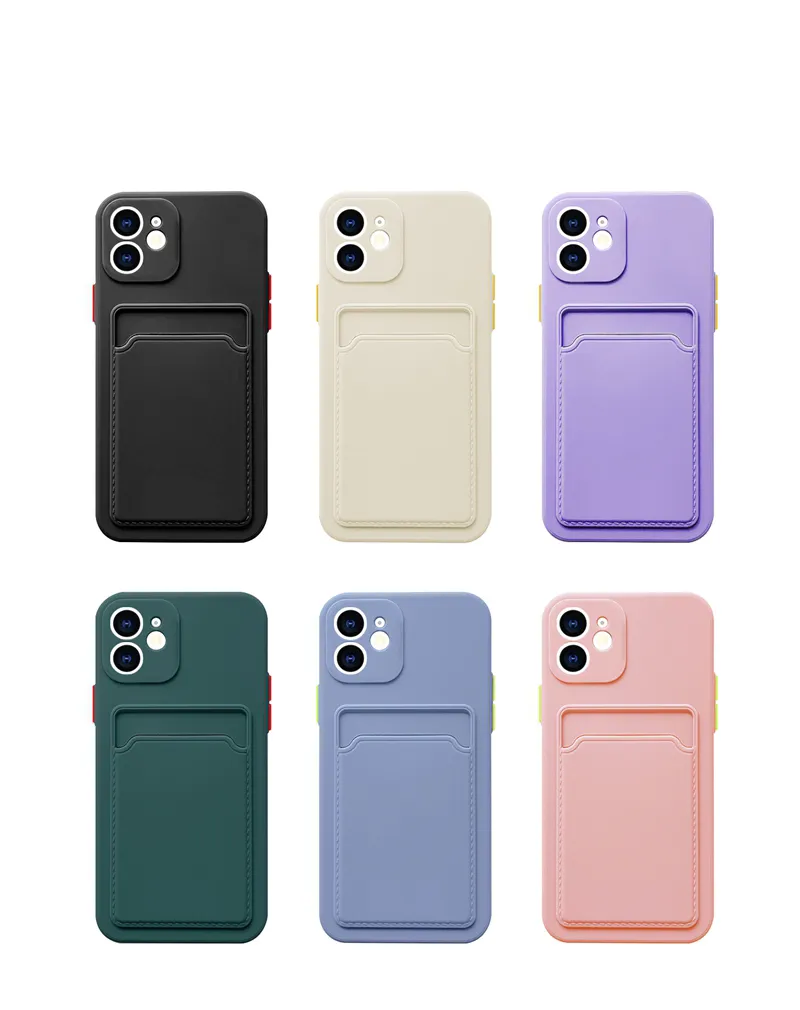 Kaartvak Zachte TPU Vloeibare siliconen hoesjes voor Iphone 15 14 Pro Max 13 12 11 X XS XR 8 Plus Credit ID-kaartsleuf Box Achterkant mobiele telefoon Roze Grijs Paars Huid