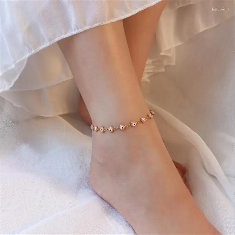 Anklets Titanium Steel Gold Color Plated Pink Eyes Fish Beads Leg Chain For Women Beach Barefoot Sandals Bracelet Ankle Jewelry