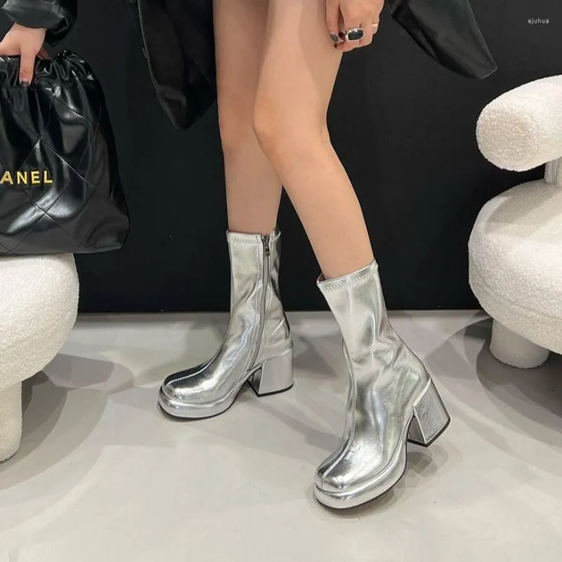 Botas de punta redonda para mujer, media pantorrilla, llegadas de 2022, negro, plateado, con cremallera lateral, tacones altos gruesos, zapatos de tacón para fiesta