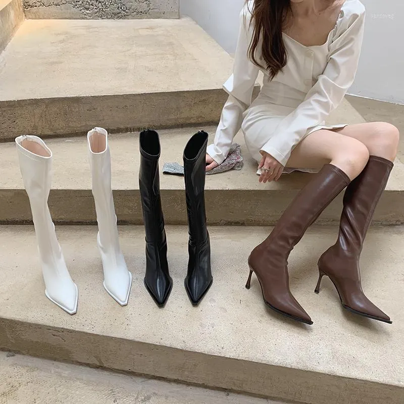 Bottes genou hautes pour femmes noir blanc marron bout pointu talons fins 2022 arrivées dos fermeture éclair chaussette extensible femme