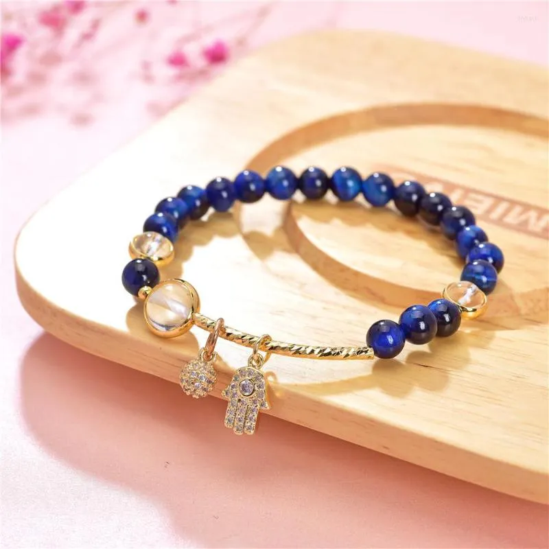 Braccialetti di collegamento Blue Tiger Eye Buddha Pietra naturale Perline rotonde Elasticità Corda Bracciale donna Yoga Catena pendente gioielli 7,5 pollici Y993