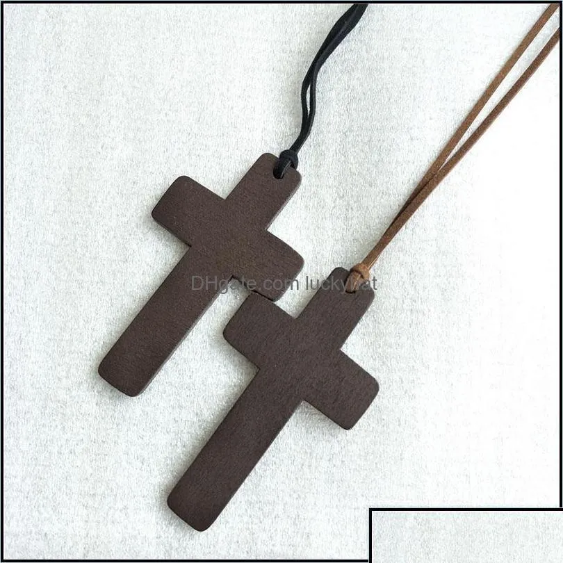 Pendentif Colliers Pendentif Colliers Pendentifs Bijoux Nouveau Simple Croix En Bois Pour Femmes Crucifix En Bois Avec Corde Brun Noir Lo Otgtp