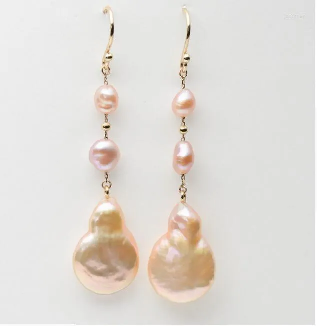 Dangle Earrings 14.1-21mm Orange Pink Real Freshwater Pearl Drop 9k Solid Yellow Gold