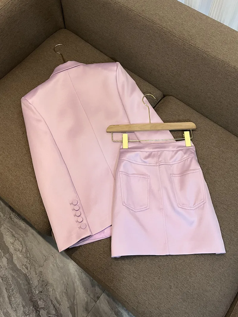 2022 Autumn Lavender Solid Color Two Piece Dress Sets Long Sleeve Notched-Lapel Single-Breasted Blazers Top & Short Skirt Suits Set O2O312242