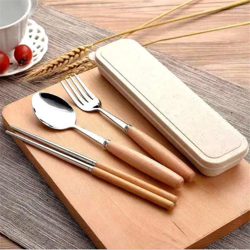 Dinnerware Sets High Quality Wooden Handle Chopsticks Stainless Steel Tableware Portable Dining Out Box Kid School Flatware Cutlery