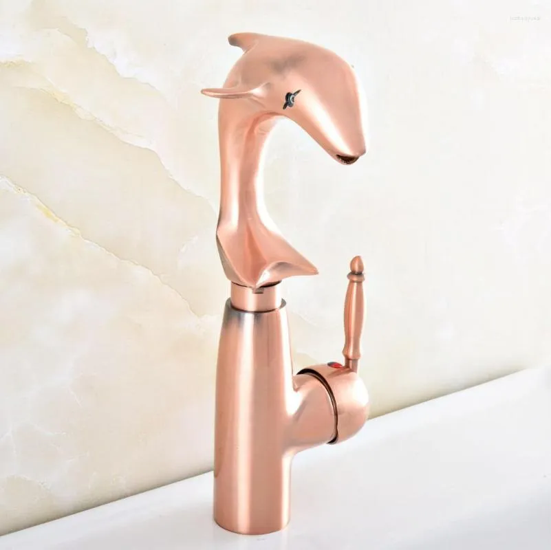 Bathroom Sink Faucets Antique Red Copper Dolphin Style Basin Faucet Brass Vessel Water Tap Mixer