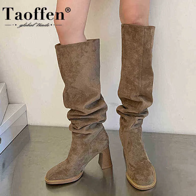 Boots Taoffen 2023 Nouvelles chaussures longues pour femmes en cuir réel en cuir haut talons hiver féminines de la mode