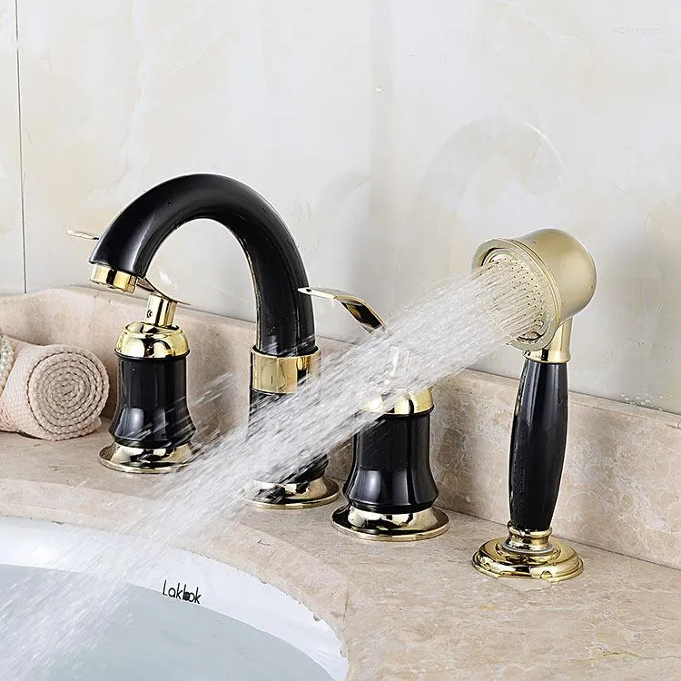 Bathroom Sink Faucets Double Handles Black Golden-Plated 4 Pcs Wash Basin Brass Vessel Bathtub Torneira Tap Mixer Faucet