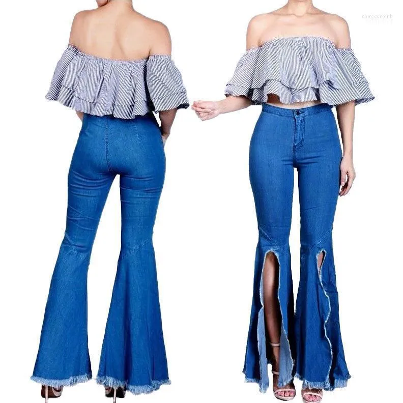 Women's Jeans Women's VIYUGUO 2022 Casual Slim Fit Stretchy Denim High Waist Fashion Split Design Flare Pants Blue Trousers Women