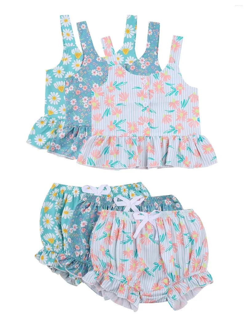 Ensembles de vêtements bébé Camisole Shorts décoration à volants avec petite marguerite imprimé taille élastique été 6M-4T