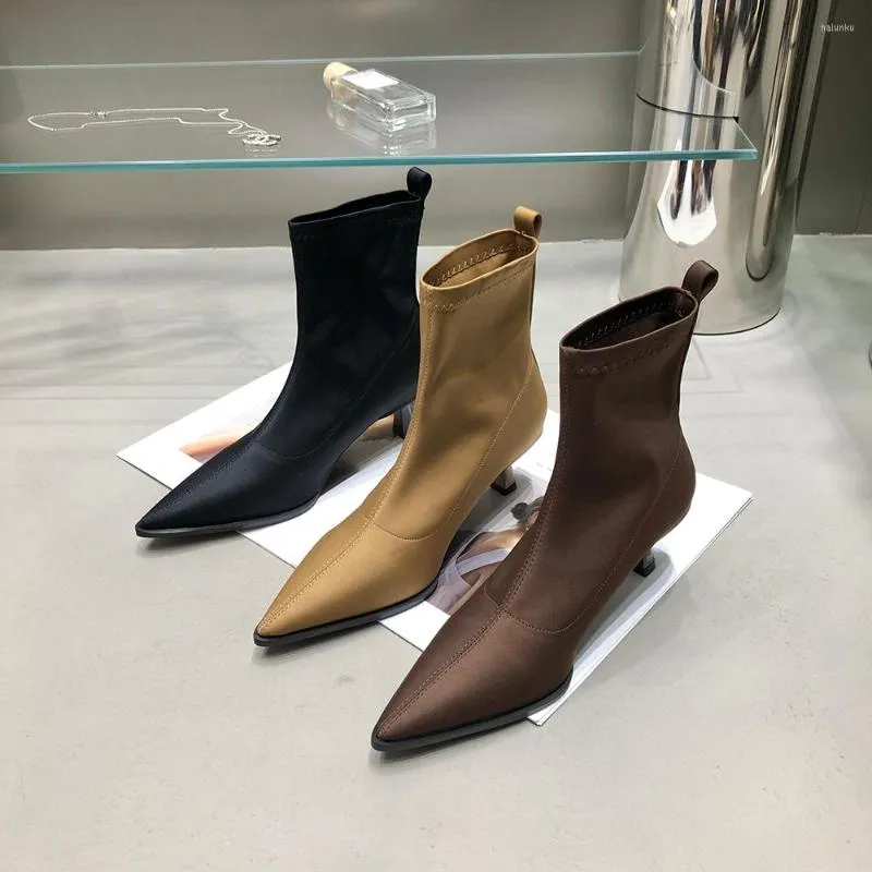 Bottines à bout pointu pour femme, chaussettes à talons mi-fins, noir, marron, kaki, Design de couture, automne hiver 39