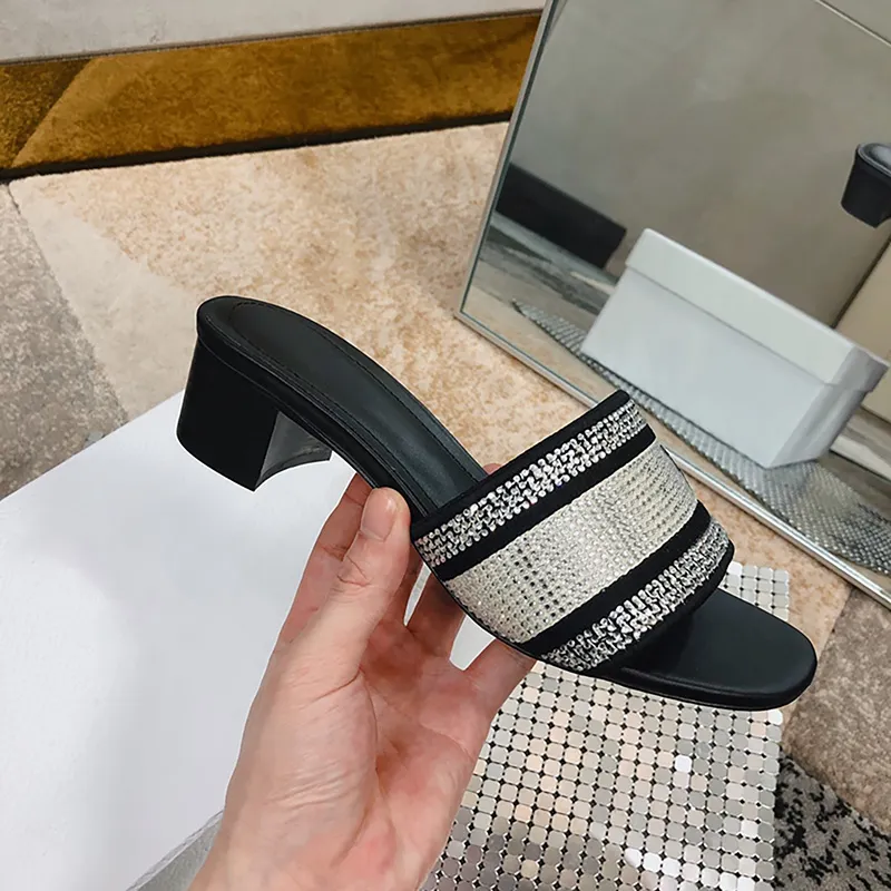 Women Heeled Slide Slippers Black Cotton Embroidered Block Heel Sandals Embroidered Signature Slides Casual Lady Mules