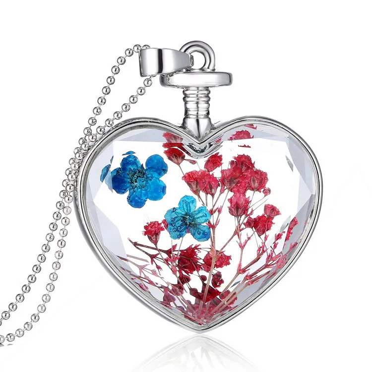 Verre amour coeur collier pour femmes couleur or fleur séchée pendentif chaîne mode bijoux fête cadeau