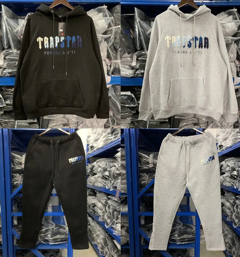 инновационный спортивный костюм TRAPSTAR Printed Sportswear Men Fleece Two Pieces Set Loose Hoodie Sweatshirt Pants Jogging бренды негабаритных комплектов для вечеринок спортивные костюмы