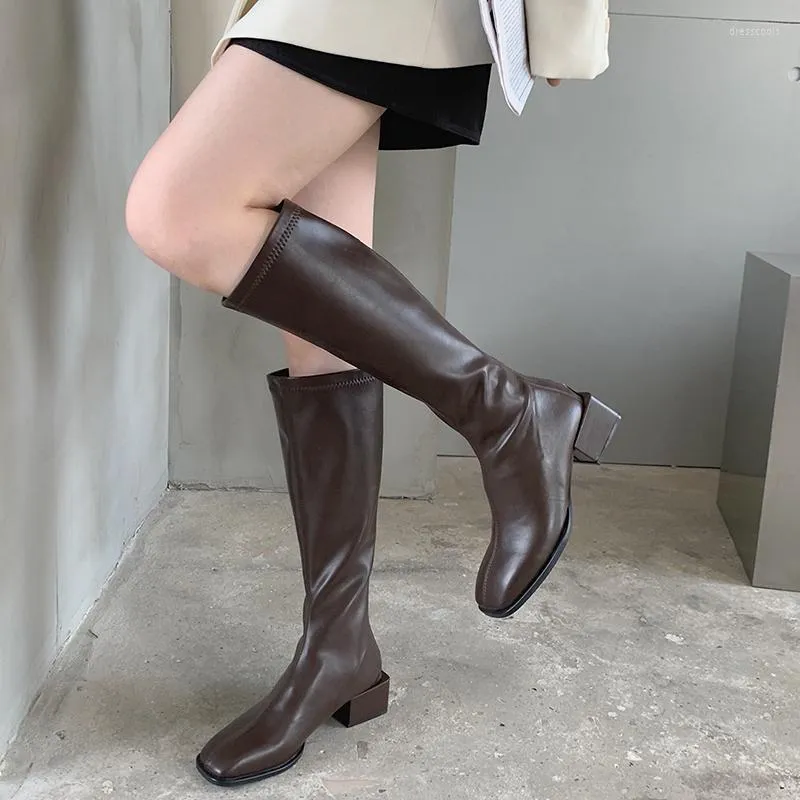 Boots Round Toe Women Knee High Sock Booties Black Beige White Brown Thick Mid Heels Stretch Shoes Woman Fashion 2022 S 39