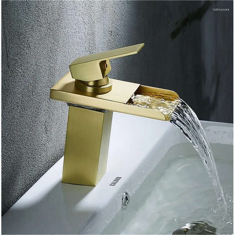 Badezimmer-Waschtischarmaturen, Vidric, Waschbecken-Wasserhahn, Einhebel-Bürste, Gold, Wasserfall-Mischbatterie, Wasser