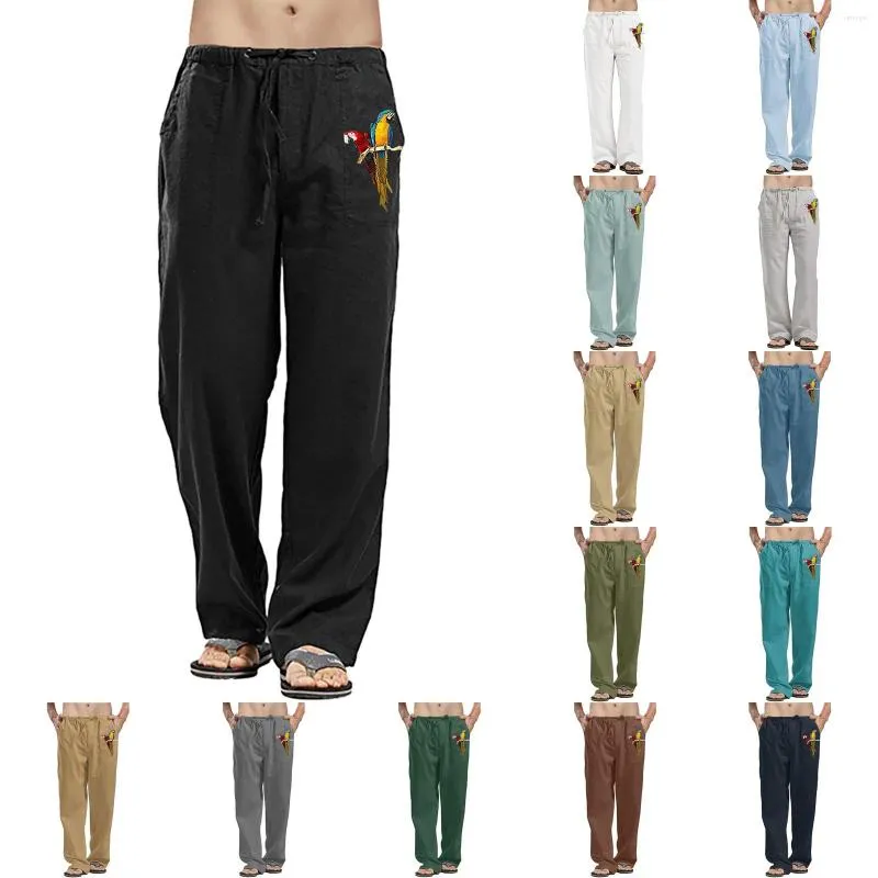 Men's Linen Cotton Blend Pants - Loose Fit, Elastic Drawstring Waist, Lightweight Summer Beach Trousers