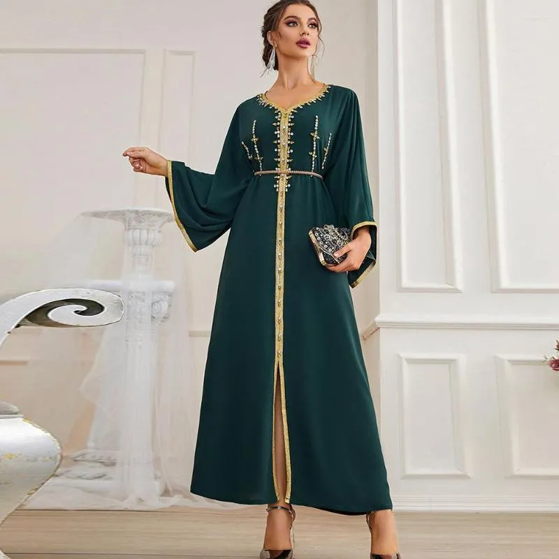 Etniska kläder Dubai Hijab Women Dresses V-Neck Hand Stitched Raglan Sleeve Party Dress 2022 Kaftan Abayas Djellaba Marockan Vestidos