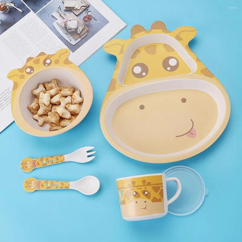 Ensembles de vaisselle enfant dessin animé Animal grille assiette bébé plats bol cuillère fourchette alimentation ensemble écologique bambou Fiber vaisselle Pl