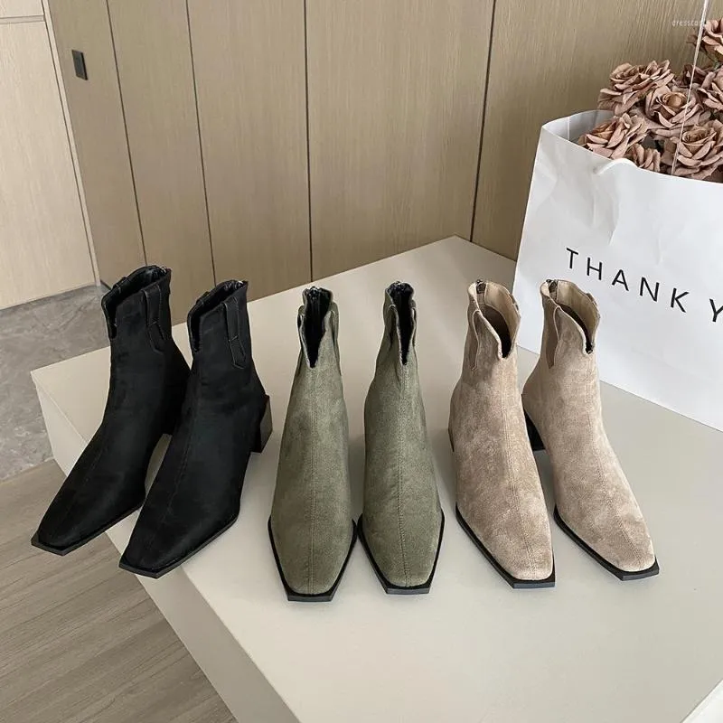 Stivali Flock Donna Caviglia Punta quadrata Stivaletti corti Tacchi medi spessi Décolleté per feste con cerniera posteriore Scarpe eleganti Donna Taglia 39