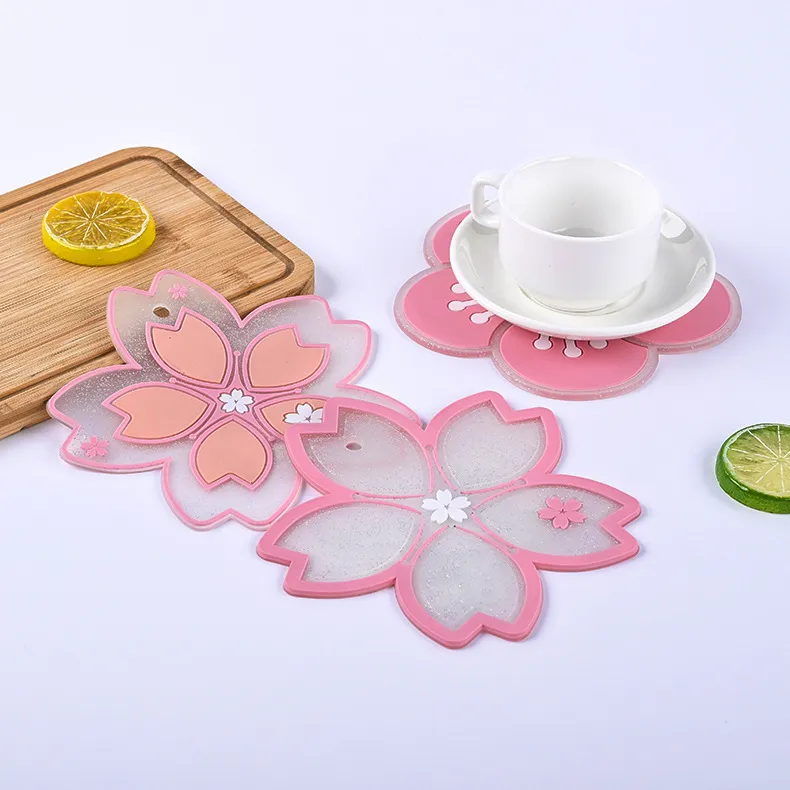 Kawaii Sakura Cup Coasters Mats Pink Cherry Blossom Cup Pads Kitchen Bar Cafe Table Heat Resistant Mug Pad