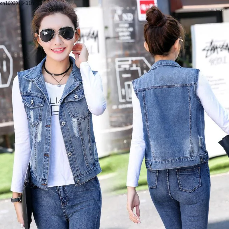 Gilets pour femmes Femme Veste Gilet Printemps Hiver Déchiré Denim Femme Petit Manteau Sans Manches Femmes Chaleco Mujer Bleu Effiloché